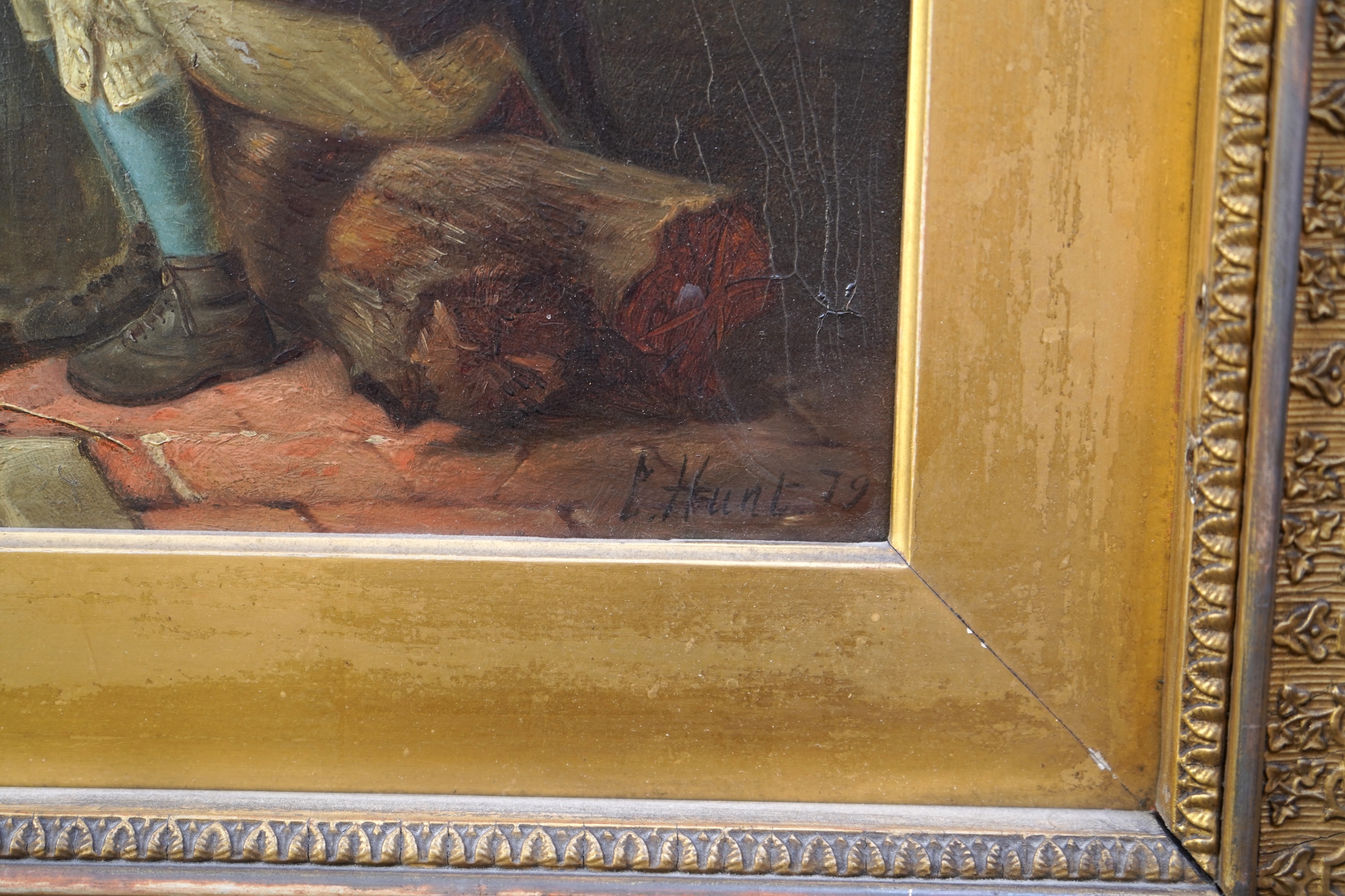 Charles Hunt II, (1829-1900), Interior scene with two men, a dog, a rabbit and a donkey